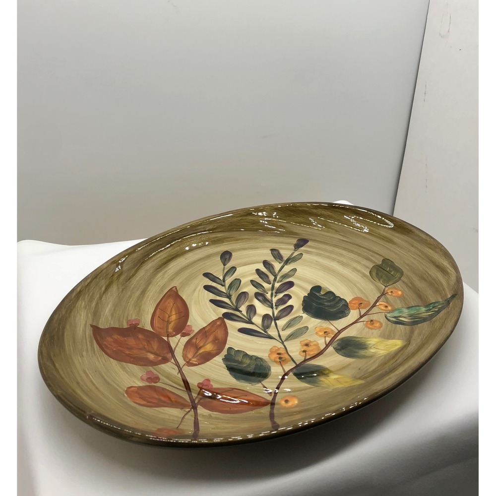 Home Trends Oval Serving Platter Botanical Leaves Berries Brown Green Ceramic